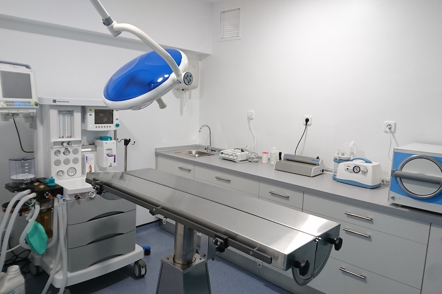 área prequirúrgica y quirófano equipado con equipos de monitorización y anestesia modernos en Centro Veterinario Arakela